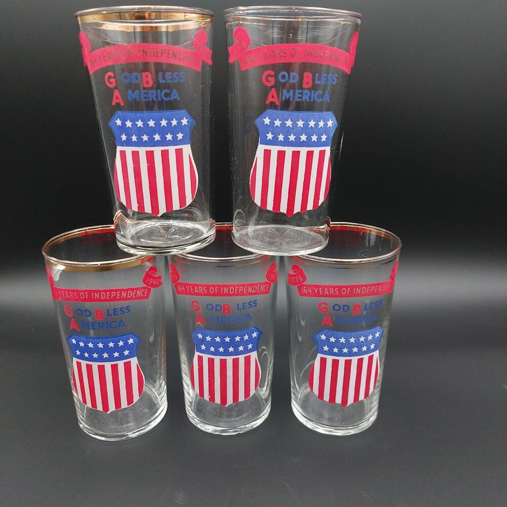 Vtg 1940 MacBeth Evans God Bless America Glasses Set of 5 Patriotic WWII Tumbler